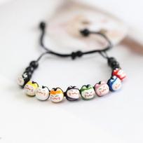 Chinese Style Ceramic Maneki Neko Bracelet Lucky Cat Red String Hand Rope Cat Bead Bracelet  Girls juoda