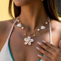 Bohemia Gold Plated Double Layer Shell Necklace For Women Starfish Conch Scallop Pendant Choker Summer Beach Jewelry Accessories A3
