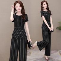 Women's Summer Striped Fashion Wide-Leg Pants Set, Korean Style, Loose Two-Piece Set XS juoda