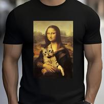 Men Mona Lisa Graphic Tee Brown Casual Short Sleeve T-Shirt with Feline Portrait Round Neck Tshirt S