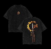 Vintage Washed Flame Katana Anime Graphic T Shirt Oversized Unisex Cotton Tee XL