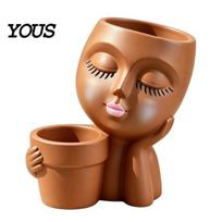 Zoned Planting Design Creative Eyelash Doll Succulents Planter, Cute Sleeping Face Ceramic Pot with Double Unique Planter Gift Holes, Kawaii