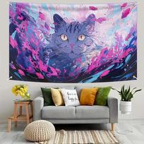 Galactic Cat Tapestry - Cosmic Feline With Nebula Background Wall Hanging For Living Room, Bedroom Decor - Space 75x75cm