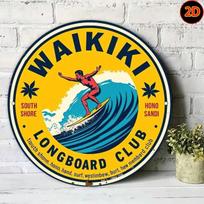 Vintage Waikiki Longboard Club Metal Sign Round Surf Wall Art Iron Beach Home Decor (Multicolor,TYA-1055608-20X20) įvairiaspalvis