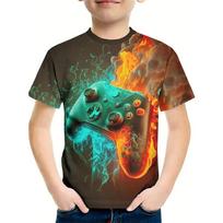 T-Shirt for a Boy 3D Print Gamepad Doodle Boy's T-Shirts Casual Round Neck Short Sleeves Tops Kids Summer Children's Clothing 110