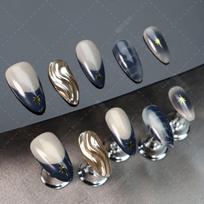 Y2K Chic Press-On Nails With Mirror Water Ripple Starburst French Design Women - Almond Shape Ultra-Thin Adhesive Nail Tips L Includes 5-piece set nail art tools kit