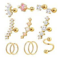 12Pcs 316L Stainless Steel Daith Helix Hoop Earrings Sparkly Cubic Zirconia Cartilage Piercing Jewelry Hypoallergenic 16G-1.2mm-0.05in