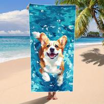 Cute Corgi Dog Beach Towel, Swimming Pet Art, Soft Microfiber Towel, Fun Summer Pool & Beach Accessory For Kids & Adults 50x100cm