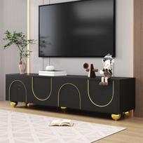 TV Stand 170x38x44 cm - With 4 doors - Round golden legs - Particleboard - Black + gold