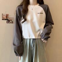 American Retro Raboss Sleeve Sweatshirt Women Autumn Winter New Loose Contrast Drawstring Short Top S pilka spalva