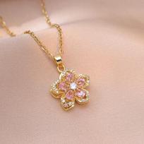 Shiny Rotatable Flowers Choker Crystal Petal Gold Necklace New Zircon Pendant Necklace  For Women Pink