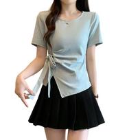 La Chapelle Women's Korean Style Slimming Lace-Up Short Sleeve T-Shirt 4XL mėlyna