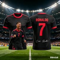 Men's Summer 3D Ronaldo Print Football Sports T-Shirt, Breathable and Quick-Drying Material Design, Perfect Summer Gift for Fans S black