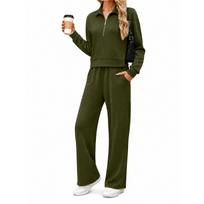 Women's Casual Half Zip Hoodie with Collar and Wide Leg Pants Set L armijos žalia spalva