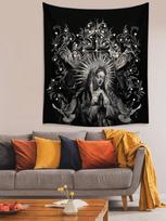 Romwe Goth Dark Holy Lady Dove Cross Tapestry, Polyester Wall Hanging For Living Room Bedroom Home Camping All Season Wall Decor 40X60CM