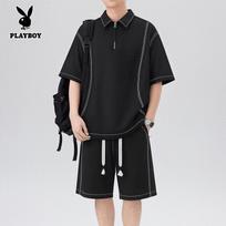PLAYBOY Men's Ice Silk Short-Sleeve Polo & Shorts Quick-Dry Casual Set 2XL