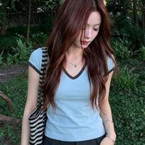 Summer cotton short-sleeved t-shirt women's slim design sense simple solid color Korean contrasting color women's clothing new top S