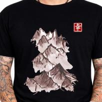 Japanese Mountain Range Ink Graphic T-Shirt Sumi E Art Tee Zen Oriental Nature M