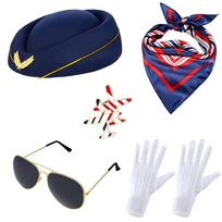 Dress Up Women's Stewardess Costume Gloves Scarf Flight Attendant Hat  Masquerade tamsiai mėlyna spalva