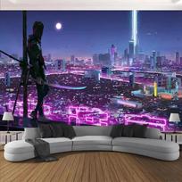 Cyberpunk Night City View Neon Lights Wall Tapestry Anime Landscape Skyline Hanging Aesthetic Art Print Room Decor 70x100CM