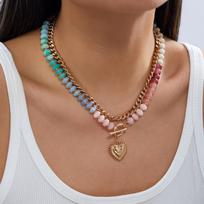 Y2K Dopamine Colorful Beaded Heart Necklace for Women Half Chain Half Bead Chunky Choker Pendant Necklace Statement Jewelry