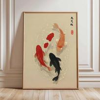 Japonijos karpių žuvų plakatas, Minimalistinis azijietiškas sienų menas, Zen vandens tapyba, Japandi dekoras, Ramybės tvenkinys, Modernus rytietiškas meno kūrinys 21X30CMNo Framed