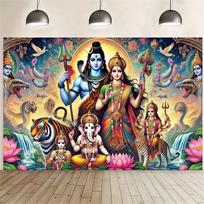 Shiva Family Tapestry Hindu God Parvati Ganesha Kartikeya Canvas Art Wall Hanging Temple Home Decor Spiritual Gift Yoga Room 40x60 cm
