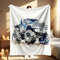 1Pc Monster Truck Blanket - Heavy-Duty All-Terrain Truck & Tires Design In Blue/White/Gray/Black - Soft Couch, Camping, Travel 70x100cm28x39in