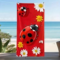 1Pc Red Ladybug Flower Print Beach Towel Lightweight Super Absorbent Washable Summer Travel Swimming Towel Multi-Purpose Towel 40X60CM