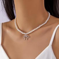 Elegant Fashion Bowknot Pearl Choker Necklace for Women Cute Romantic Handmade Colorful Beads Collarbone Chain Jewelry Gift