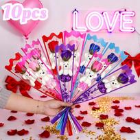 10pcs Teddy Bear with Rose Bouquet, Artificial Flowers for Valentine's Day Christmas Gift, Romantic Desk Decor for Her