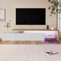 TV Stand 200 cm, with LED lighting, storage, wood effect, glass shelves, white, 200x39x41 cm