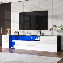 Glossy lacquered TV stand, black and white, with LED lighting, 2 drawers and 2 cabinets, living room furniture, 180 x 40 x 45 cm