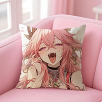 Genshin Impact Yae Miko Cushion Cover Natural Linen Pillow Case Double-Sided Print Decorative Sofa Pillowcase Home Decor Gift Peach skin 18*18(CM)-1Pcs