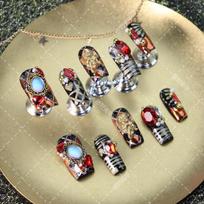 Handmade Press-On Nails With Gold Foil Stripes Rhinestones Gem Accents Long Style Women Winter Wear L Includes 3-piece nail art tool kit