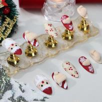 Handmade Matte Finish Press-On Nails With Santa Claus Design Brick Red A1043 Women Winter Holiday Wear L Includes 3-piece nail art tool kit