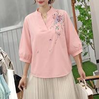 ZANZEA Women Casual V-Neck 3/4 Sleeve Loose Flora Print Blouse S rožinė