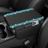 NBTEPEM Shiny car center console cover,Leather car armrest cover pad,Belt 2 A storage bag,General Automobile Armrest Protector Storage Box,Shiny Aquamarine Diamond