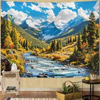 Aesthetic Sunlit Forest Path Tapestry, Lush Green Trees Blooming Flowers Nature Wall Hanging, Rustic Zen Landscape Tapestry 70x100CM