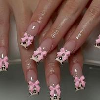 Square Press On Nails Fake Nails Bowknot Glue On Nails Artificial Acrylic Nails 24pcs Stick On Nails for Women Girls