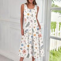 Women's Casual Fashion Floral Print Round Neck Sleeveless Midi Dress XXL smėlis