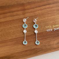Exquisite Blue Round Crystal Long Tassel Drop Earrings 14K Gold Plated Silver Copper Daily Jewelry for Women
