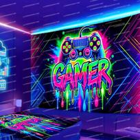 Gaming Controller Wall Tapestry, Neon Graffiti Art, Vibrant Room Decor For Gamers & Tech Lovers 95x73cm