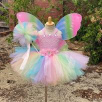 Girls Pastel Butterfly Fairy Dress Kids Flower Tutu Dresses with Wing and Stick Hairbow Outfit Children Birthday Party Costumes S (0-1Y)