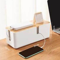 Bamboo Cable Management Box Desktop Wire Organizer Hide Power Strips Computer Cord Storage Box