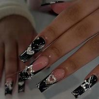 Black French Style Press-On Nails With Glitter Heart Star Design Removable Acrylic Nail Tips Women Adhesive Type