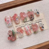 Handmade 3D Pink Rose Press-On Nails Full Set Acrylic False Women Girls Short To Medium Almond Shape Medium