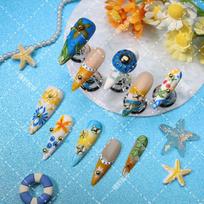 Blue Yellow Contrast Press On Nails With 3D Hat Palm Leaf Design Floral Acrylic Fake Women L Includes 3-piece set: nail tips, adhesive, tools