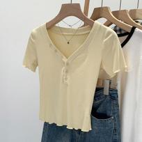 French temperament V-neck button front shoulder fungus edge short-sleeved T-shirt women's 2026 new unique super good-looking inner top S