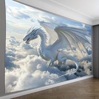 White Dragon Tapestry, Majestic Flying Dragon In Clouds And Sky, Fantasy Creature Wall Hanging For Bedroom Living Room 70x100cm28x39in gray